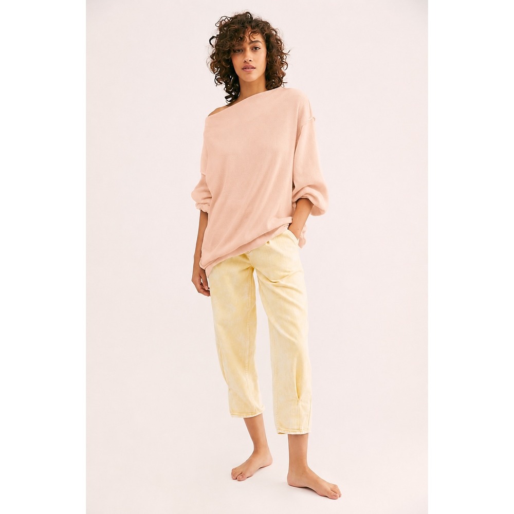 Free People We Main Squeeze Hacci Top Pink Ribbed Oversized XS Off The Shoulder‎